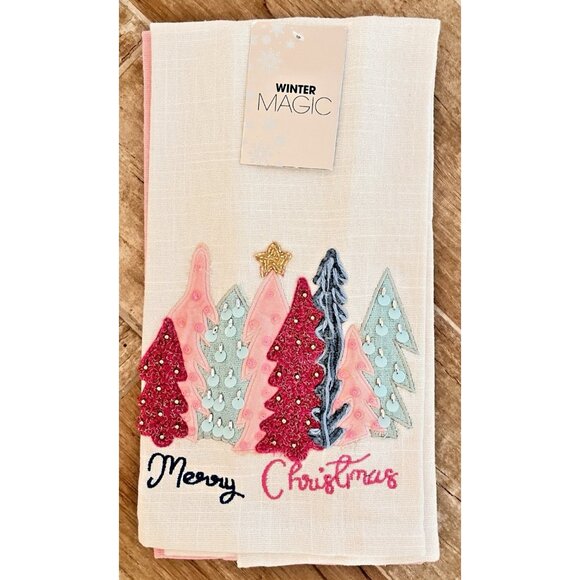 PINK CHRISTMAS Trees Kitchen Towel Set of 2 Embroidered BEADED Detailed 20" x 28 - Picture 1 of 8